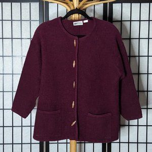 RR Russ Signature burgundy 100% wool burgundy cardigan with wood toggles